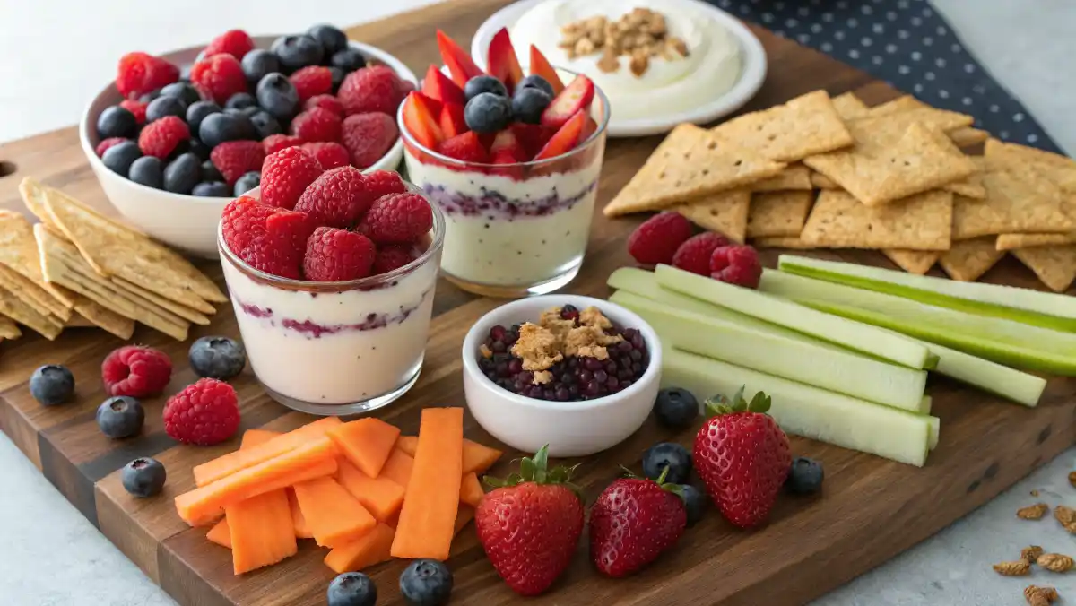 Snack board featuring a variety of Snacks with Greek Yogurt including parfaits, bark, veggie dip, and apple nachos