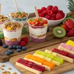 Greek Yogurt Snack Recipes — Colorful snack board with Greek yogurt parfaits, frozen bark, and fruit pops ready to share.