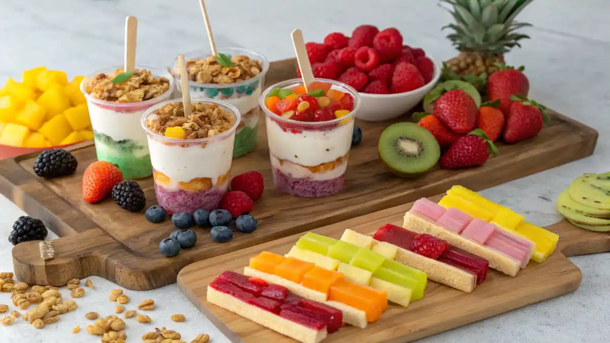 Greek Yogurt Snack Recipes — Colorful snack board with Greek yogurt parfaits, frozen bark, and fruit pops ready to share.