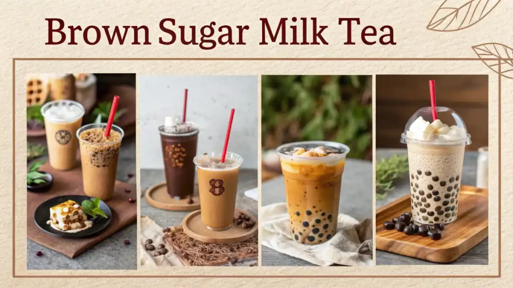 Grid of community-submitted Brown Sugar Milk Tea photos, each with unique twists and presentation