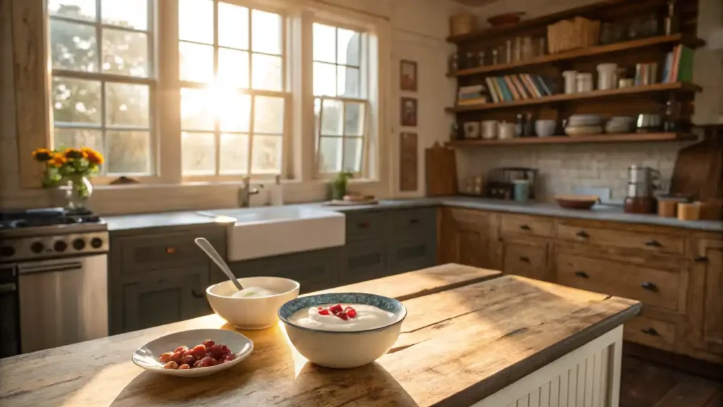 Healthy Greek Yogurt Snacks: Sunlit Richmond kitchen with yogurt snack on counter