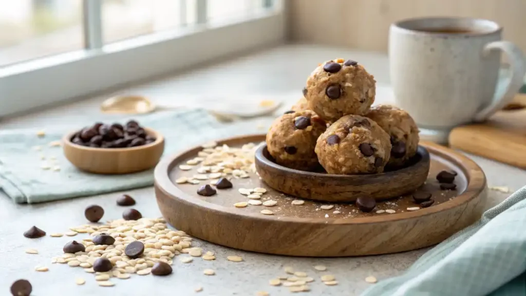 Delicious no-bake energy bites on a wooden plate, a perfect example of easy healthy snack recipes