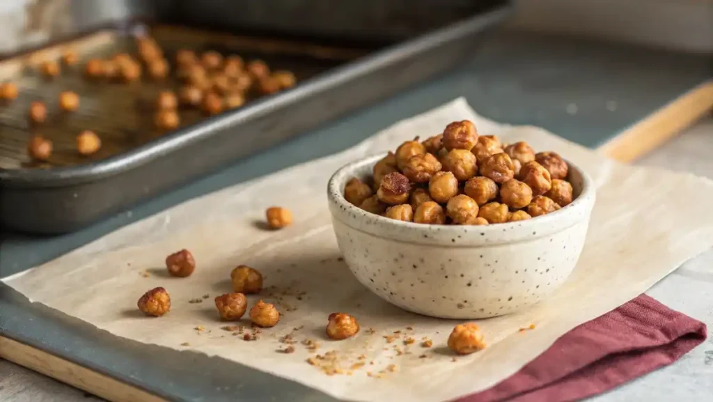 Golden-brown crispy roasted chickpeas in a ceramic bowl, a savory healthy snack recipe.