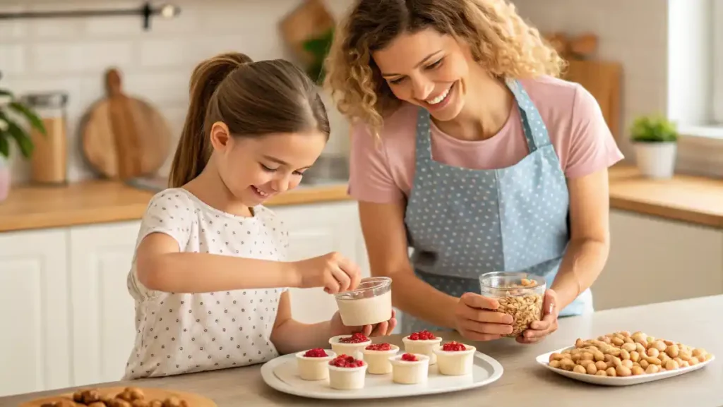 Child helping sprinkle crushed peanuts on yogurt snack bites