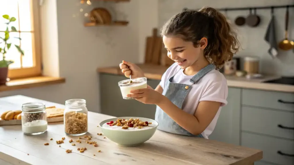 Healthy Greek Yogurt Snacks: Daughter adds granola to yogurt bowl