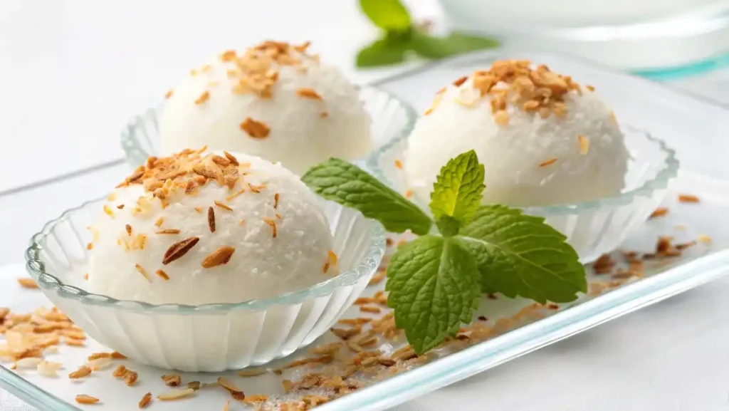 Three white, round coconut fat bombs served on a small, pretty plate, garnished with toasted coconut flakes and a fresh mint leaf.