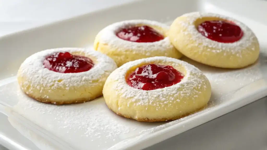 Elegant lemon raspberry thumbprint cookies on a white plate, these are sophisticated sweet treats for a party or tea time.
