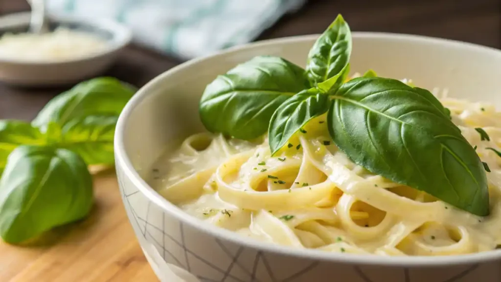 Adding fresh torn basil as a garnish to a bowl of creamy chicken Alfredo Sauce pasta.