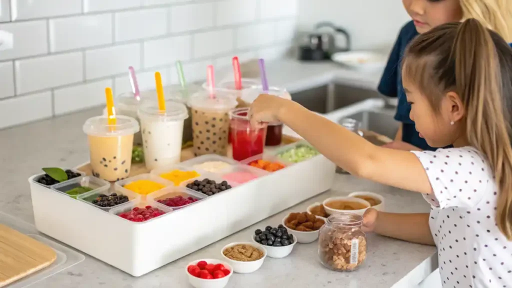 DIY Brown Sugar Milk Tea bar setup with toppings including jellies, syrups, and different milks, kids' hands reaching in