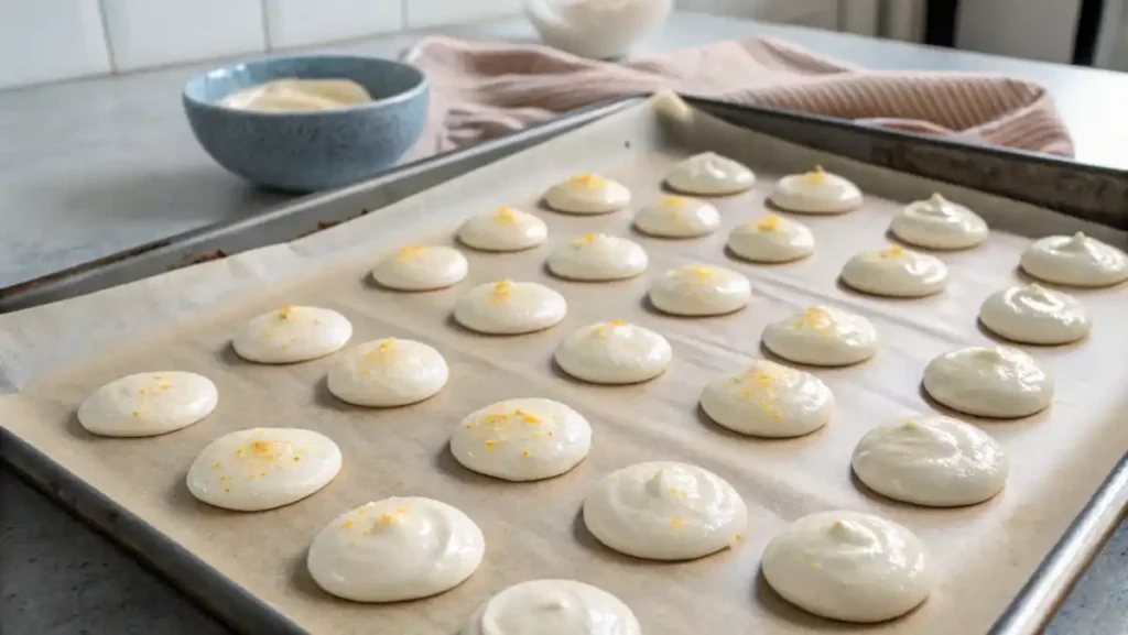 Dollops of Greek yogurt and nut butter mixture placed onto a parchment-lined baking sheet