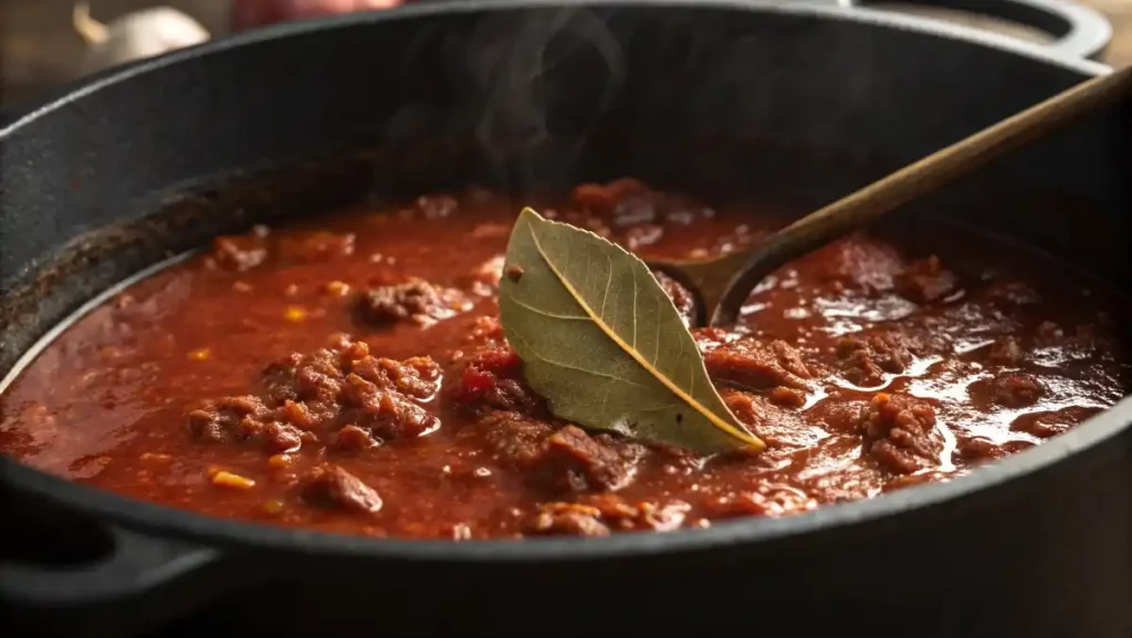 Extreme close-up on a pot of thick, rich Spaghetti Sauce simmering gently, with a single bubble slowly rising to the surface.