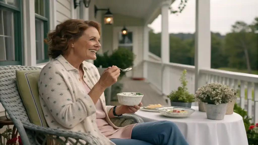 Greek Yogurt as a Snack: Fifi tasting a spoonful of ranch dip on a porch, smiling warmly.