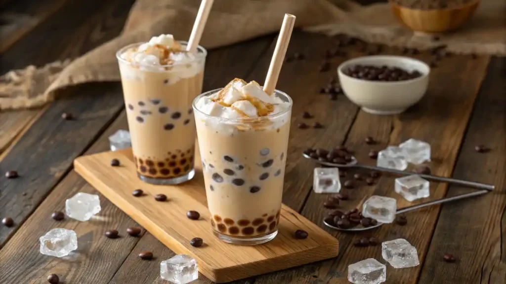 Four finished glasses of Brown Sugar Milk Tea with wide straws and ice cubes on a rustic wooden table
