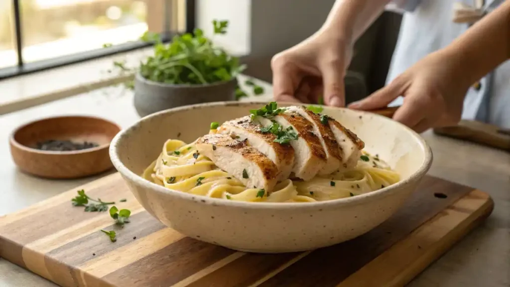 A finished bowl of creamy chicken fettuccine made with the best homemade Alfredo Sauce recipe.