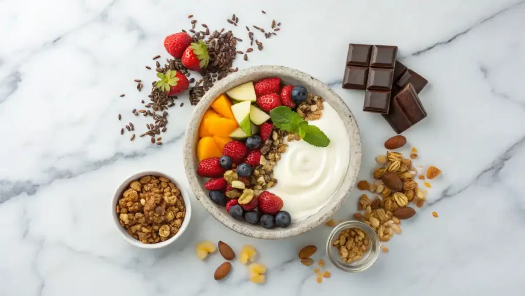 Greek yogurt, fruit, granola, and chocolate chips arranged in a circle on a marble countertop