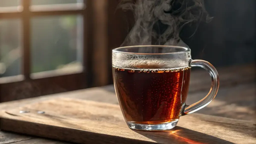Homemade brown sugar syrup bubbling in a saucepan for Brown Sugar Milk Tea, with caramel shine and wooden spoon