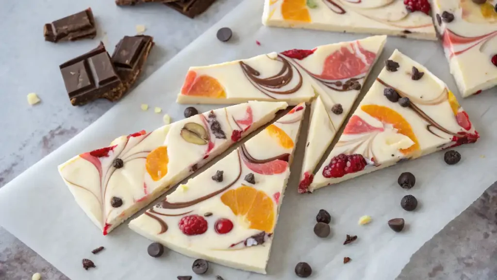 Greek Yogurt Snack Recipes — Frozen Greek yogurt bark pieces with peanut butter swirls, chocolate chips, and granola.