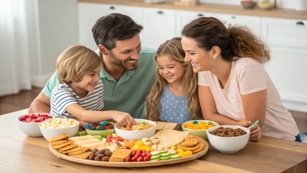 Healthy Greek Yogurt Snacks: Family gathers around a snack platter and bowls of toppings