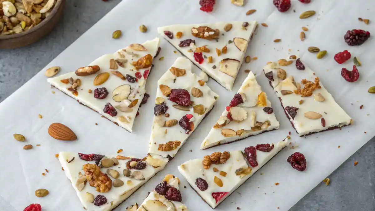 Healthy Greek Yogurt Snacks: Greek yogurt bark pieces on parchment paper