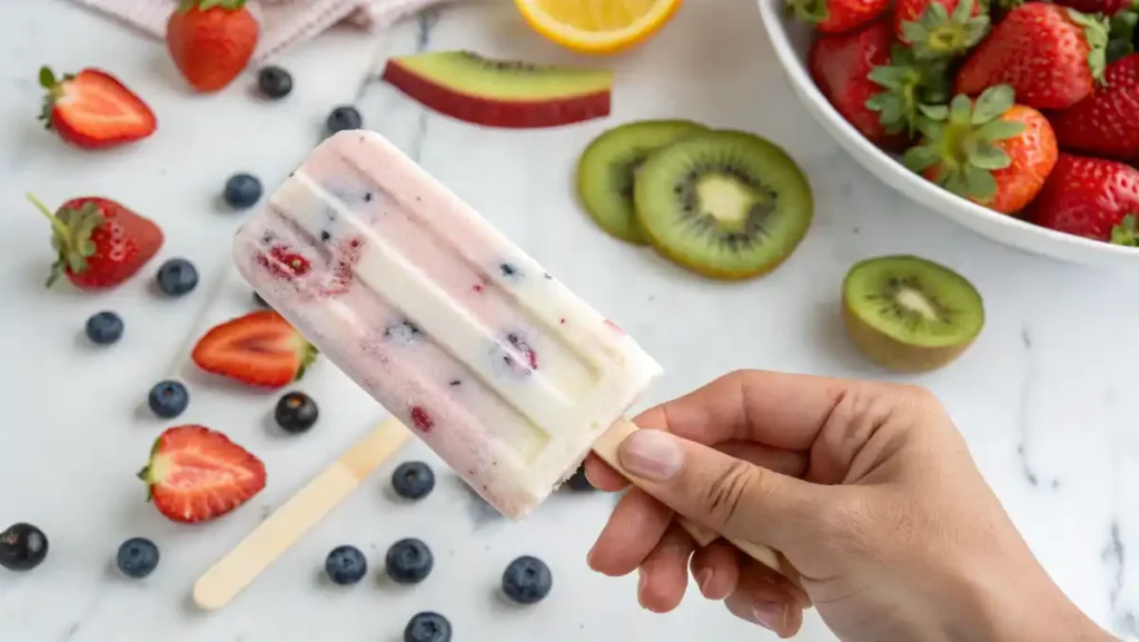 Greek Yogurt Snack Recipes — Hand holding a homemade Greek yogurt fruit pop, with summer fruit in the background.