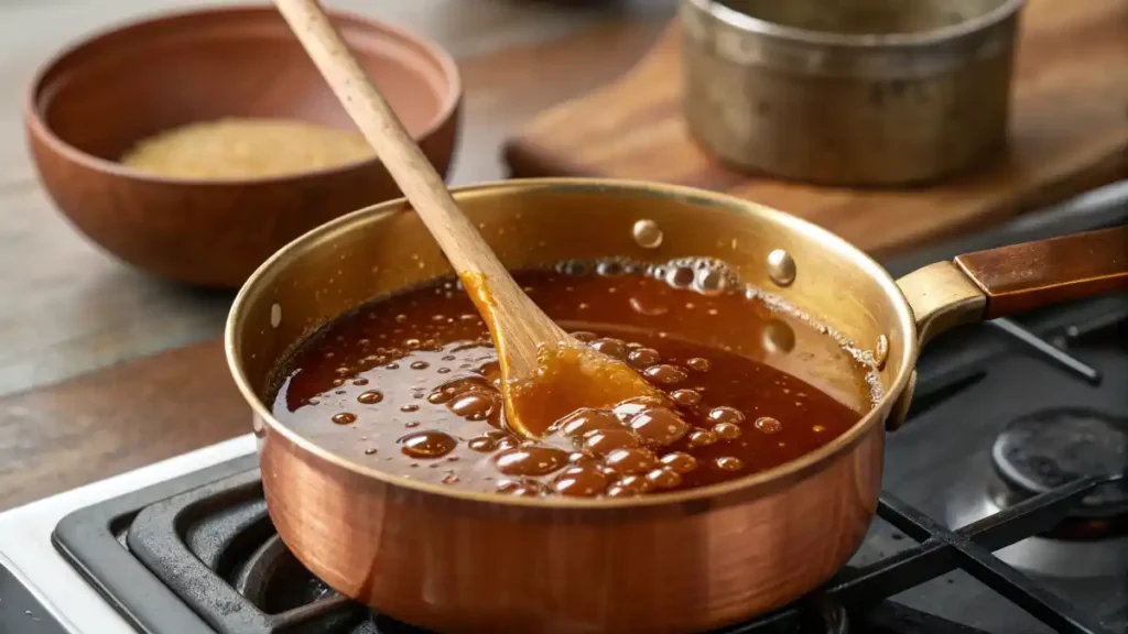 Auntie Cynthia stirring boba pearls for Brown Sugar Milk Tea in a steaming pot on the stove