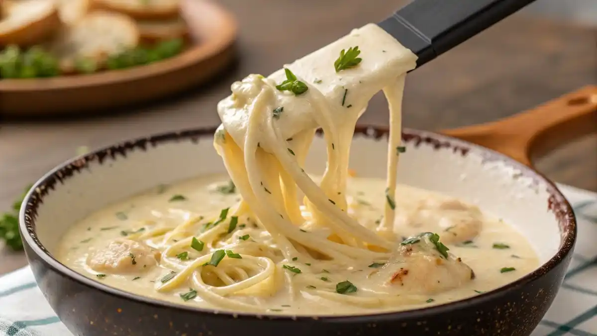 Extreme close-up of a spatula coated in a perfectly smooth and creamy cheese sauce, demonstrating its lump-free, velvety texture.