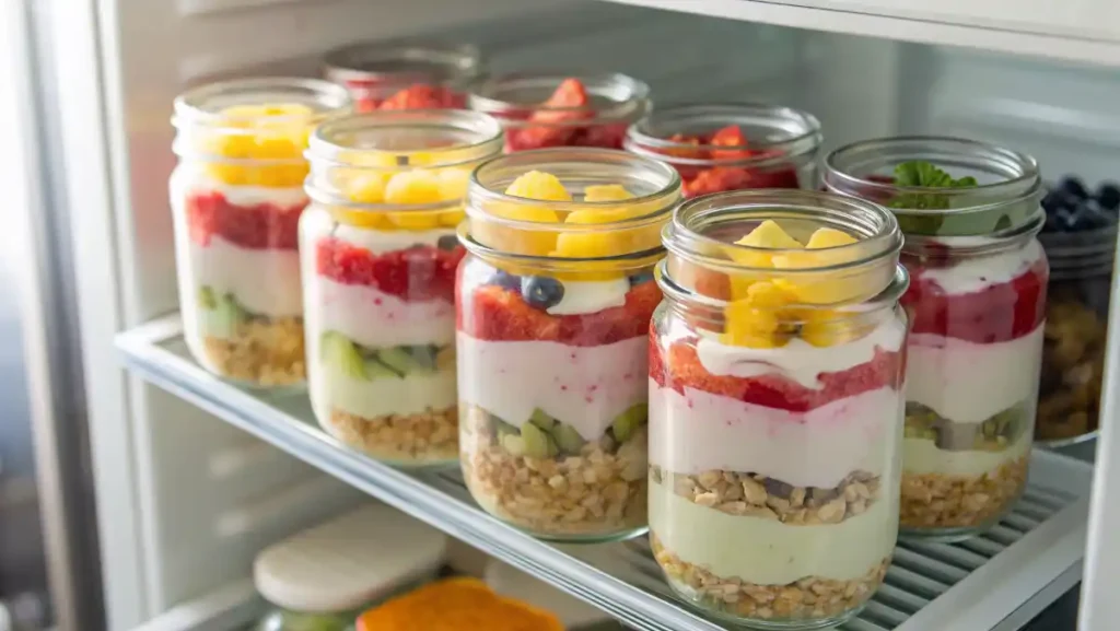 Healthy Greek Yogurt Snacks: Mason jar parfaits ready in the fridge