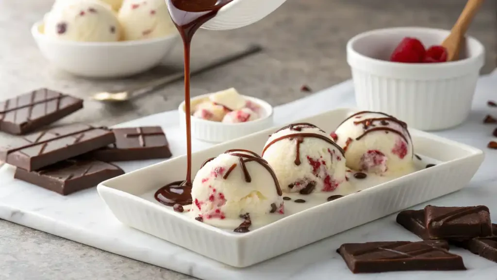 Melted chocolate being drizzled over frozen yogurt bites