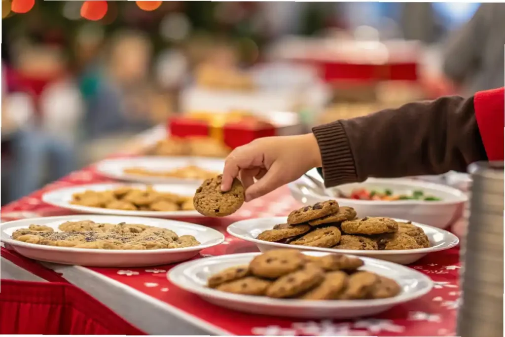 A guest's hand reaching to take a cookie from a platter of sweet treats at a party, showing a scene of happy sharing.