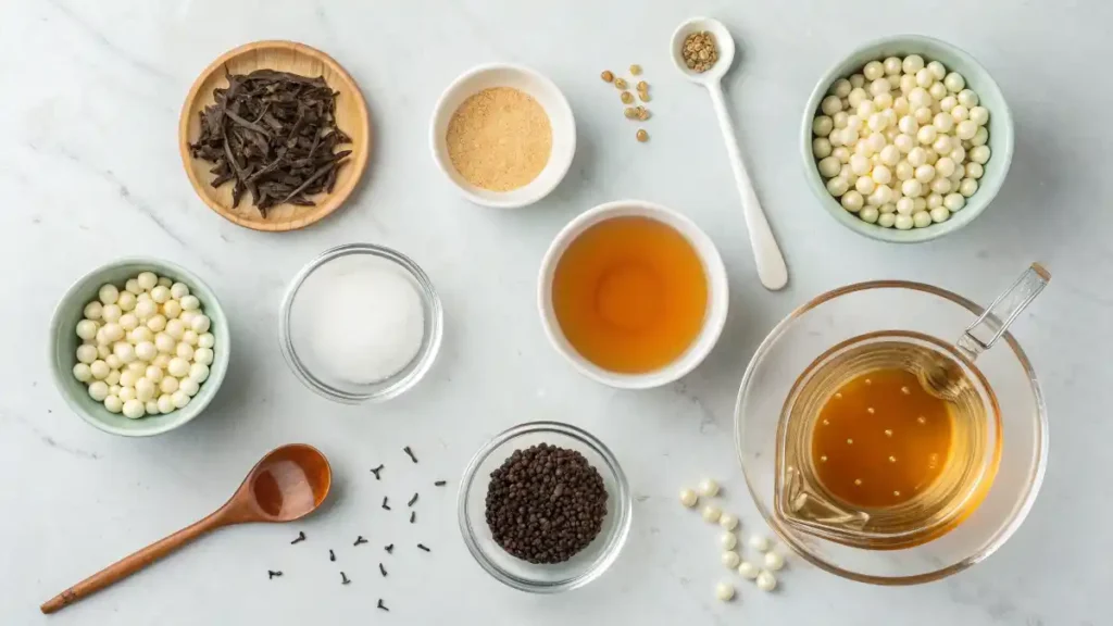 Step-by-step collage overview of Brown Sugar Milk Tea: cooking boba, making syrup, brewing tea, and assembling the drink