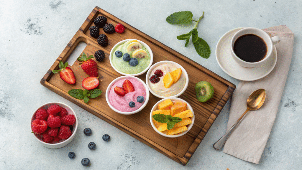 Bird’s-eye view of a breakfast tray with yogurt bites, coffee, fruit, and seeds