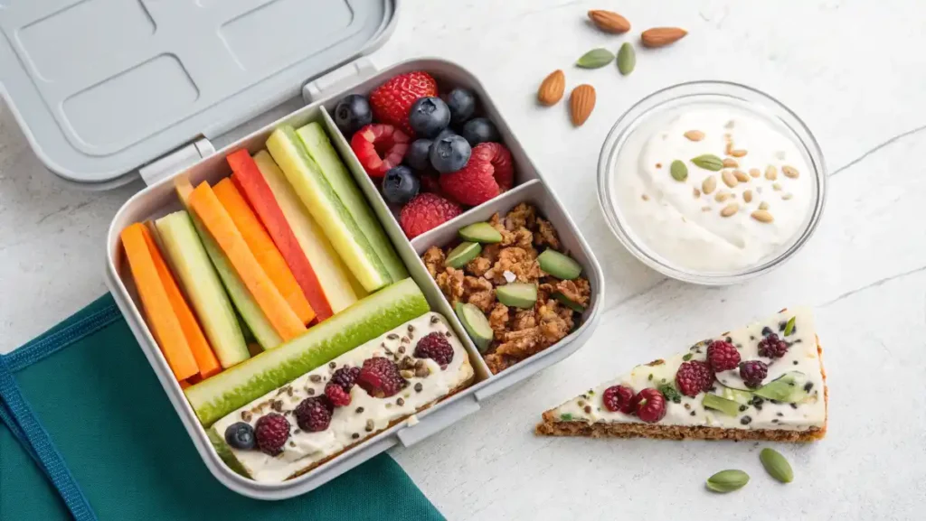 Healthy Snacks with Greek Yogurt – Lunchbox packed with Greek yogurt parfait, veggie sticks, and a piece of homemade yogurt bark.