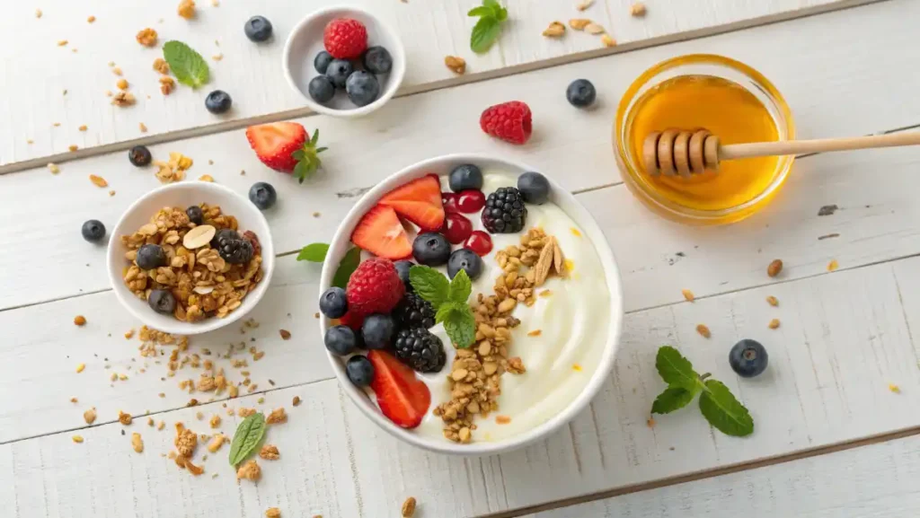 Healthy Greek Yogurt Snacks: Finished bowl with colorful fruit and granola toppings