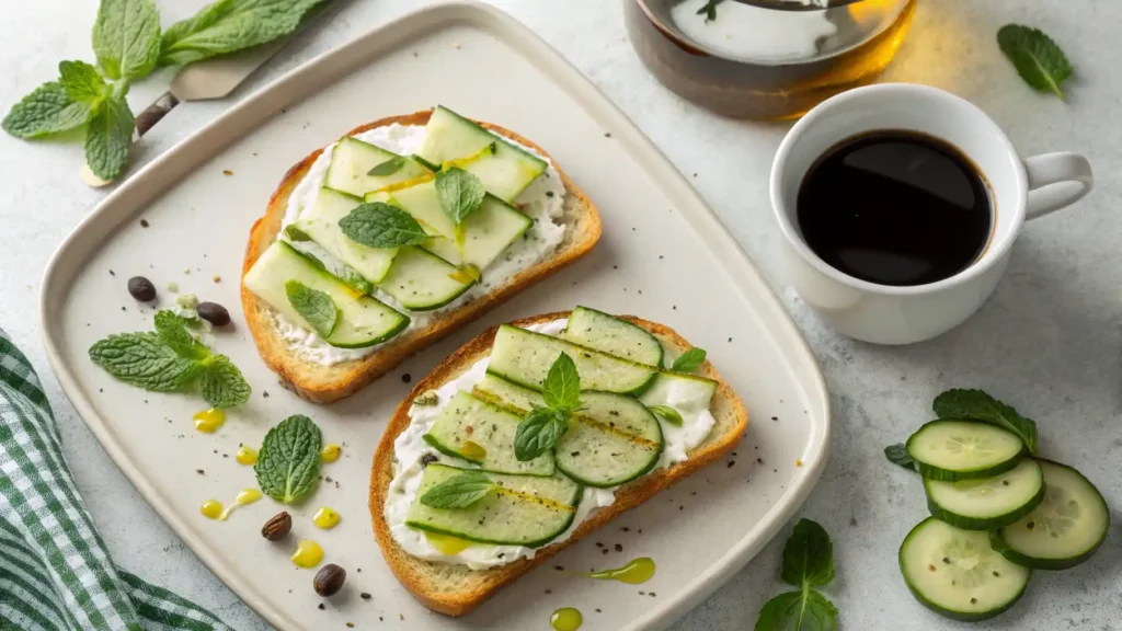 Greek Yogurt as a Snack: overhead shot of cucumber toast with mint, olive oil drizzle, next to a cup of coffee.