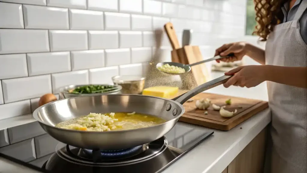 Freshly grating a block of Parmesan cheese for a perfectly smooth and creamy Alfredo Sauce.