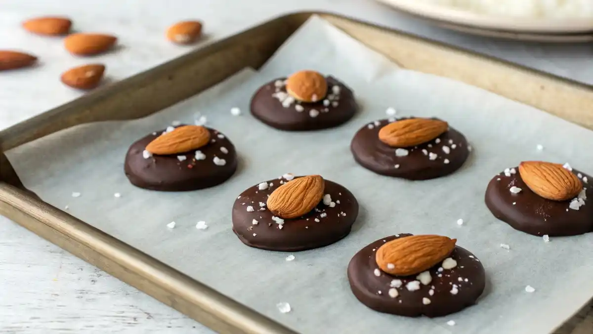 Rustic dark chocolate almond clusters cooling on a baking sheet, sprinkled with flakes of sea salt.