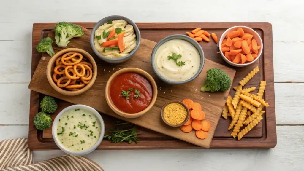 A wooden board displaying five small bowls, each with a different homemade cheese sauce, surrounded by dippers like pretzels, pasta, and vegetables