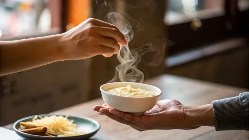 One hand gently passing a small bowl of warm, creamy homemade cheese sauce to another person, symbolizing sharing and comfort.