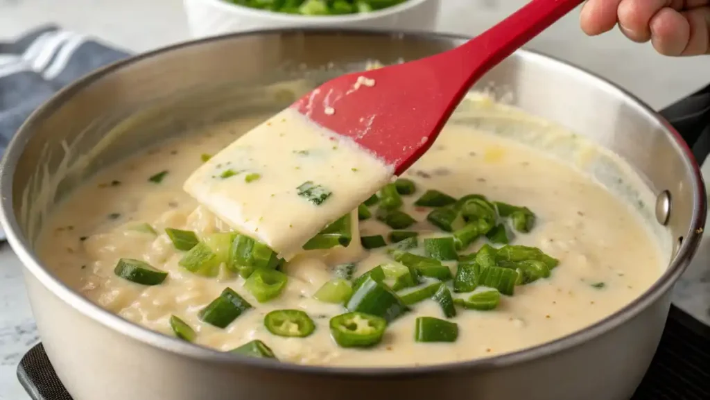 A spatula stirring melting Monterey Jack cheese, evaporated milk, and green chiles in a saucepan to make a smooth spicy queso dip.