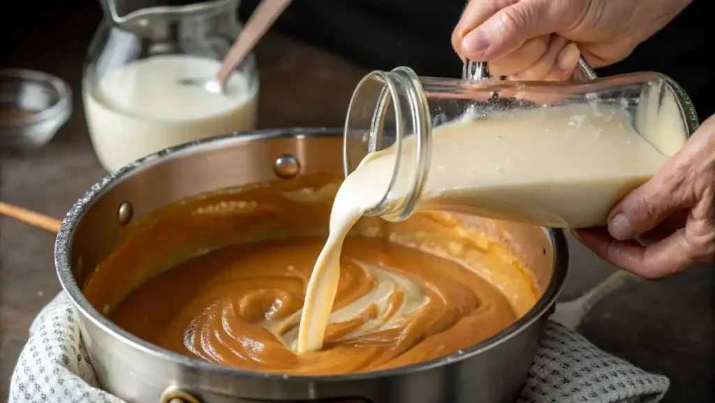A stream of milk being whisked into a roux in a saucepan to create a smooth, creamy base for a homemade cheese sauce.