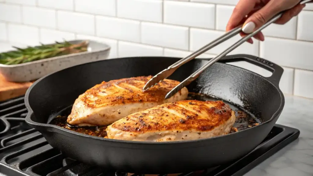 Pan-searing seasoned chicken breast to add to a hearty chicken Alfredo Sauce pasta dish.