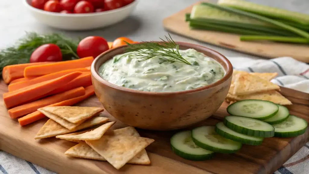 Greek Yogurt Snack Recipes — Rustic bowl of cucumber-dill Greek yogurt dip, served with fresh veggies and pita chips.