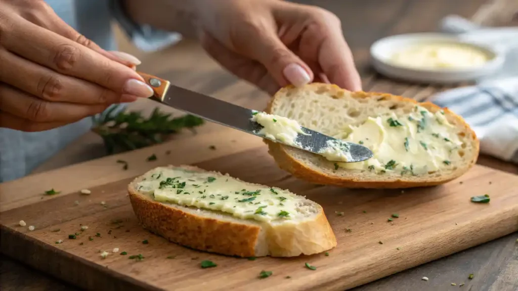 Spreading garlic butter on a baguette, the perfect side for sopping up extra Alfredo Sauce.