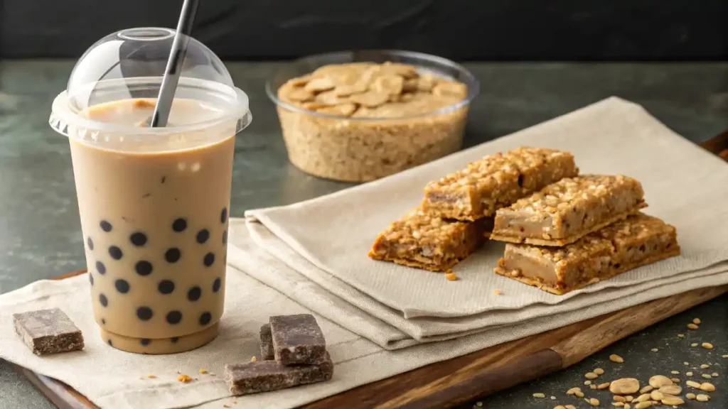 Brown Sugar Milk Tea served with homemade peanut butter oat bars on a napkin, inviting snack setup