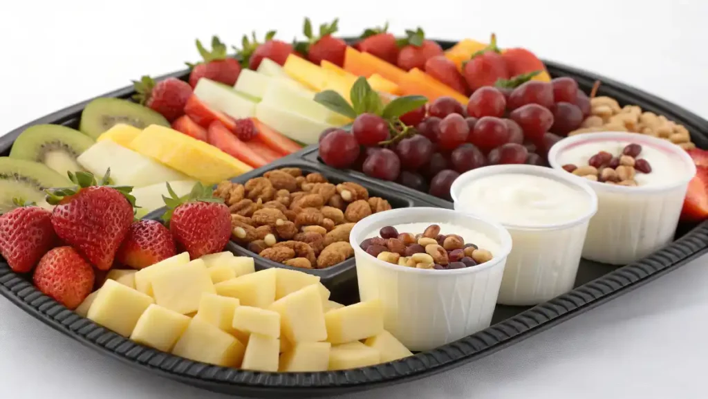 Yogurt snack platter with fruit, chocolate bites, and nuts