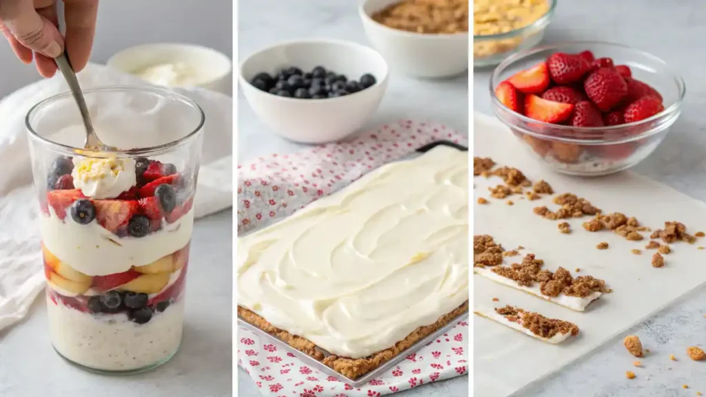 Healthy Snacks with Greek Yogurt – Step-by-step collage of hands layering parfait, mixing veggie dip, and spreading yogurt bark on a baking sheet.