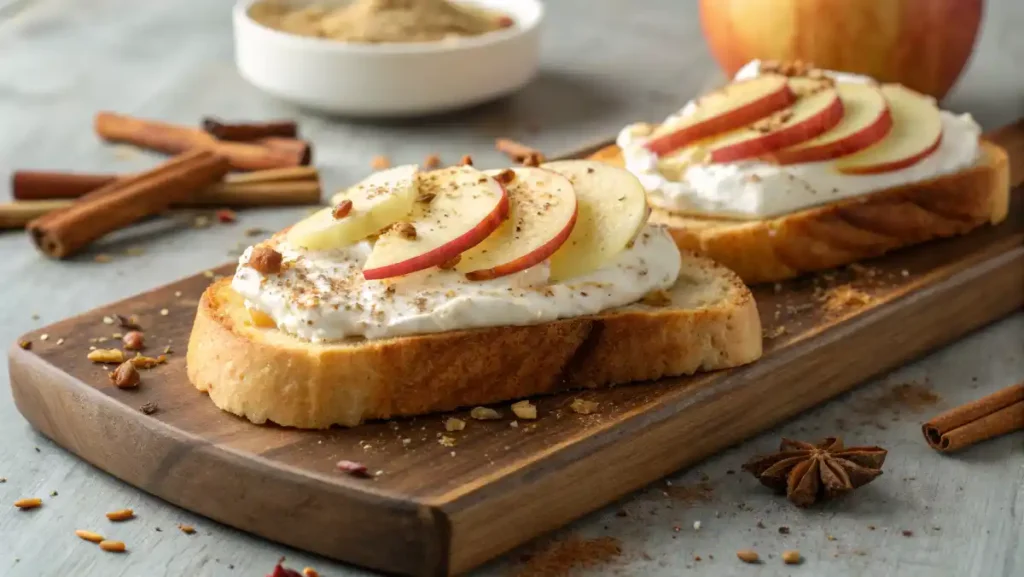 Greek Yogurt Snack Recipes — Toasted bread topped with Greek yogurt, apple slices, and cinnamon on a wooden board.