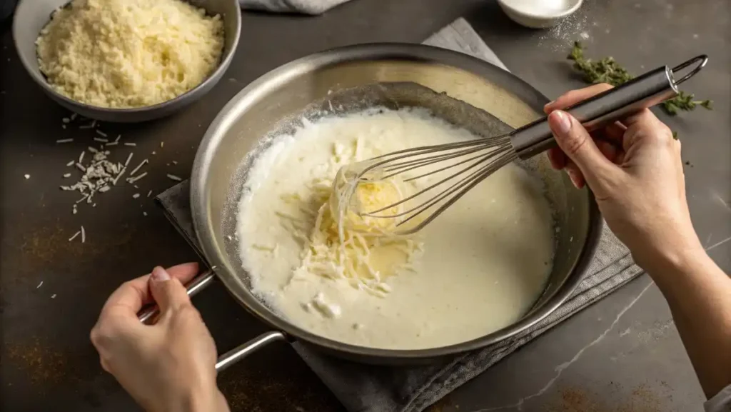 Whisking freshly grated Parmesan cheese into cream on low heat for a smooth Alfredo Sauce.
