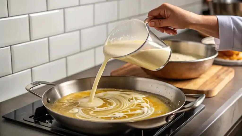 Pouring heavy cream into a skillet with garlic butter to begin a rich and decadent Alfredo Sauce.
