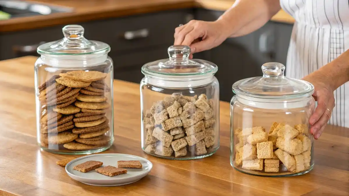 Glass meal prep containers on a wooden counter, neatly filled with homemade protein bars and energy bites for the week.